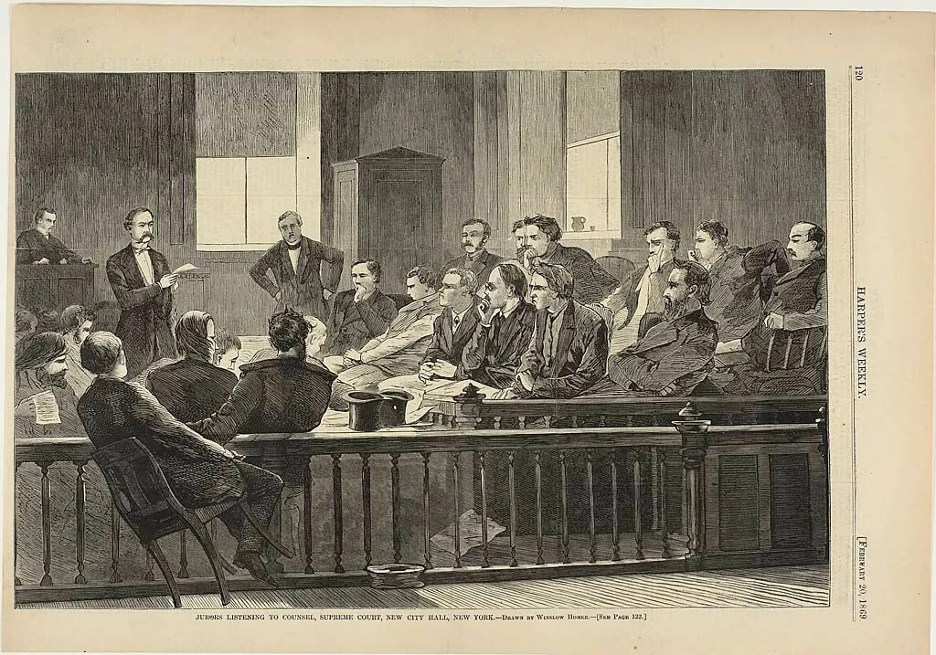 Jurors Listening to Counsel, Supreme Court, New City Hall, New York by Winslow Homer, print, 1869