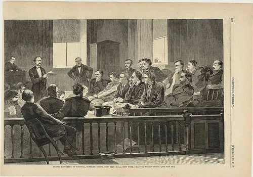 Jurors Listening to Counsel, Supreme Court, New City Hall, New York by Winslow Homer, print, 1869
