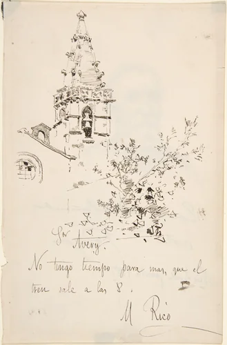 Church Tower with Inscription in Spanish to Avery. Verso: 3/4 View Portrait of Man by Martín Rico, drawing, 1833-1908