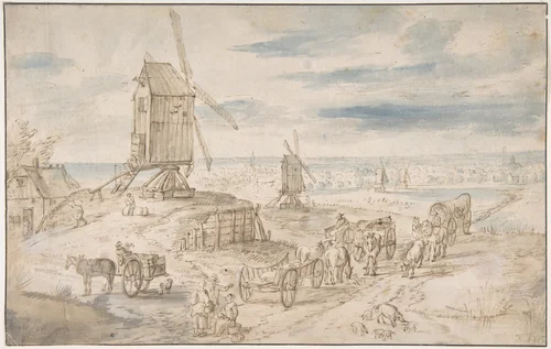 Dutch Landscape with Windmills by Jan Brueghel, drawing, 1600-1700