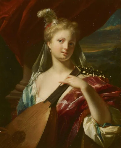 Woman Playing the Lute by Philip van Dijk, painting, 1710