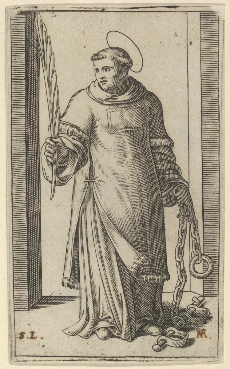 St Leonard standing holding a palm in his right hand and chains in his left, from "Piccoli Santi" (Small Saints) by Marcantonio Raimondi, print, 1495-1532