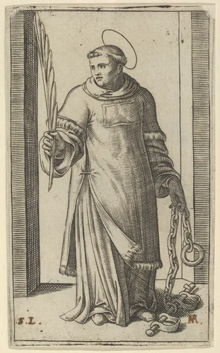 St Leonard standing holding a palm in his right hand and chains in his left, from "Piccoli Santi" (Small Saints) by Marcantonio Raimondi, print, 1495-1532