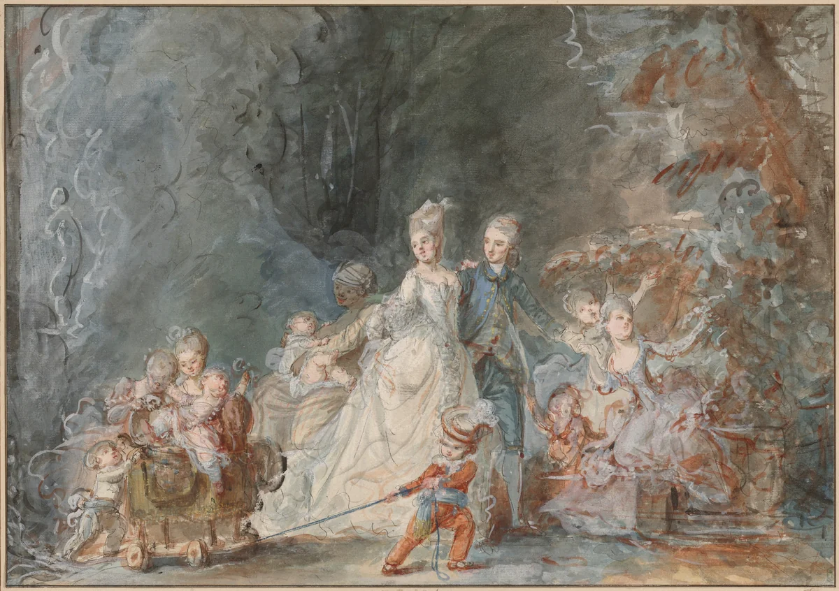 Family Promenade in the Park by Pierre-Antoine Baudouin, drawing, 1765-1766