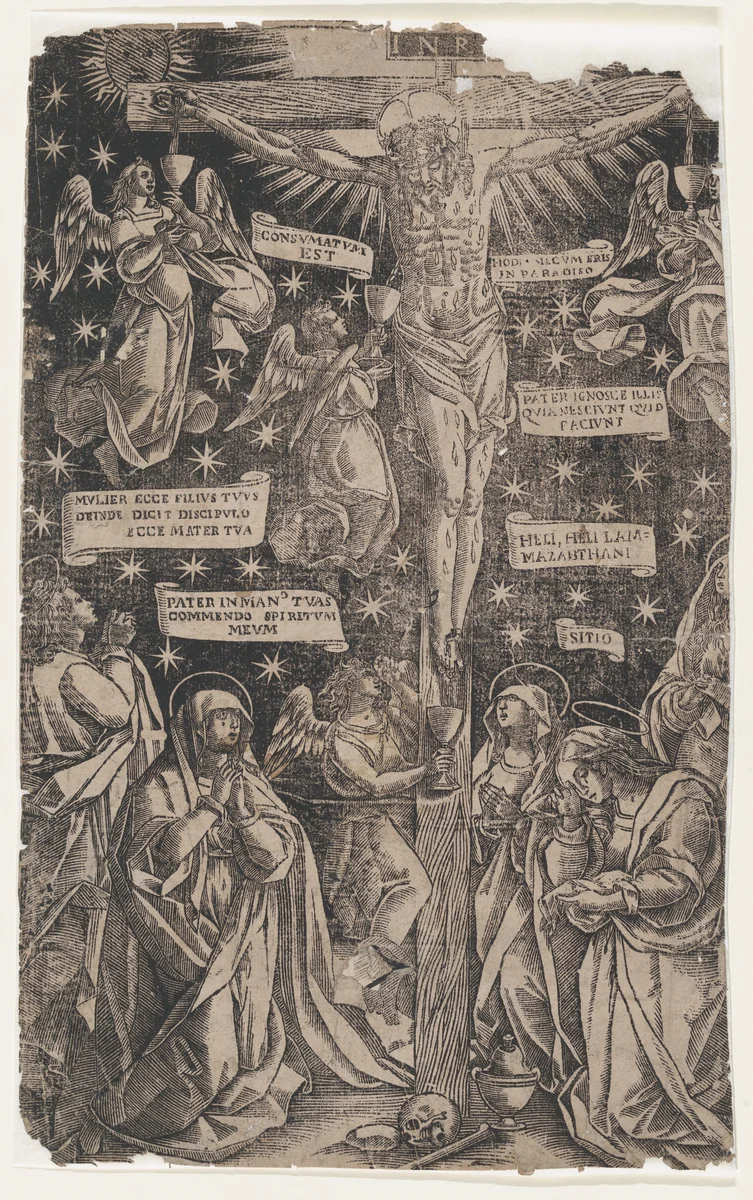 Christ on the Cross surrounded by mourners by anonymous, print, 1695-1705
