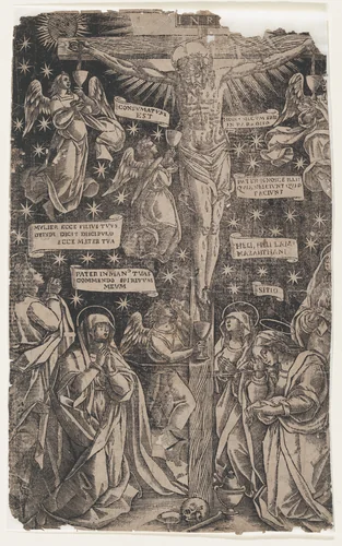 Christ on the Cross surrounded by mourners by anonymous, print, 1695-1705