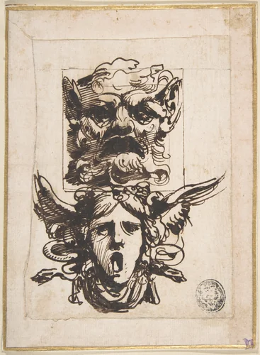 Design for Two Masks Shaped as Satyr and a Winged Medusa Head by Carlo Bianconi, drawing, 1732-1802