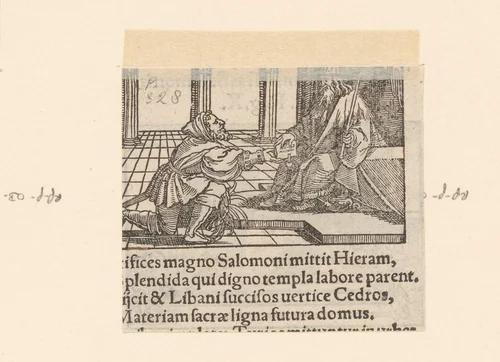 Salomo zittend op zijn troon ontvangt een boodschapper van koning Hiram by anonymous, print, 1530-1533