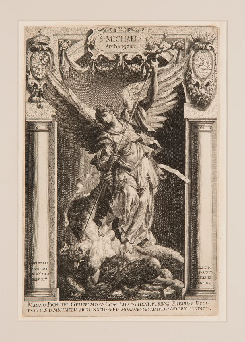The Archangel Michael Defeating Satan, in a Niche by Lucas Kilian, print, 1588