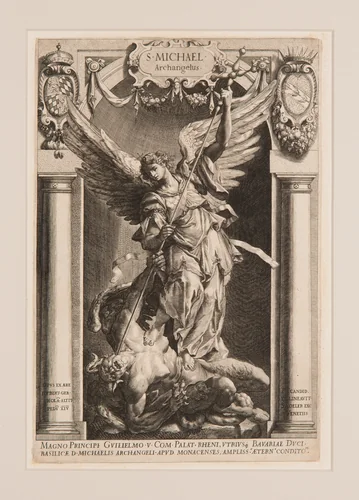 The Archangel Michael Defeating Satan, in a Niche by Lucas Kilian, print, 1588