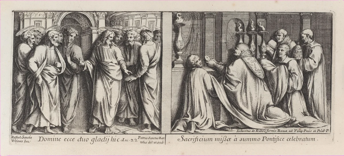 Two Biblical Scenes: The Apostles Showing Christ their Swords at left, after Raphael's Stanza della Segnatura and the Pope Celebrates Mass with Four Priests,after Raphael's Stanza di Eliodoro, from a series of 15 plates depicting Raphael's works for the Vatican stanze and the Sistine Chapel tapestries by Pietro Santi Bartoli, print, 1650-1670
