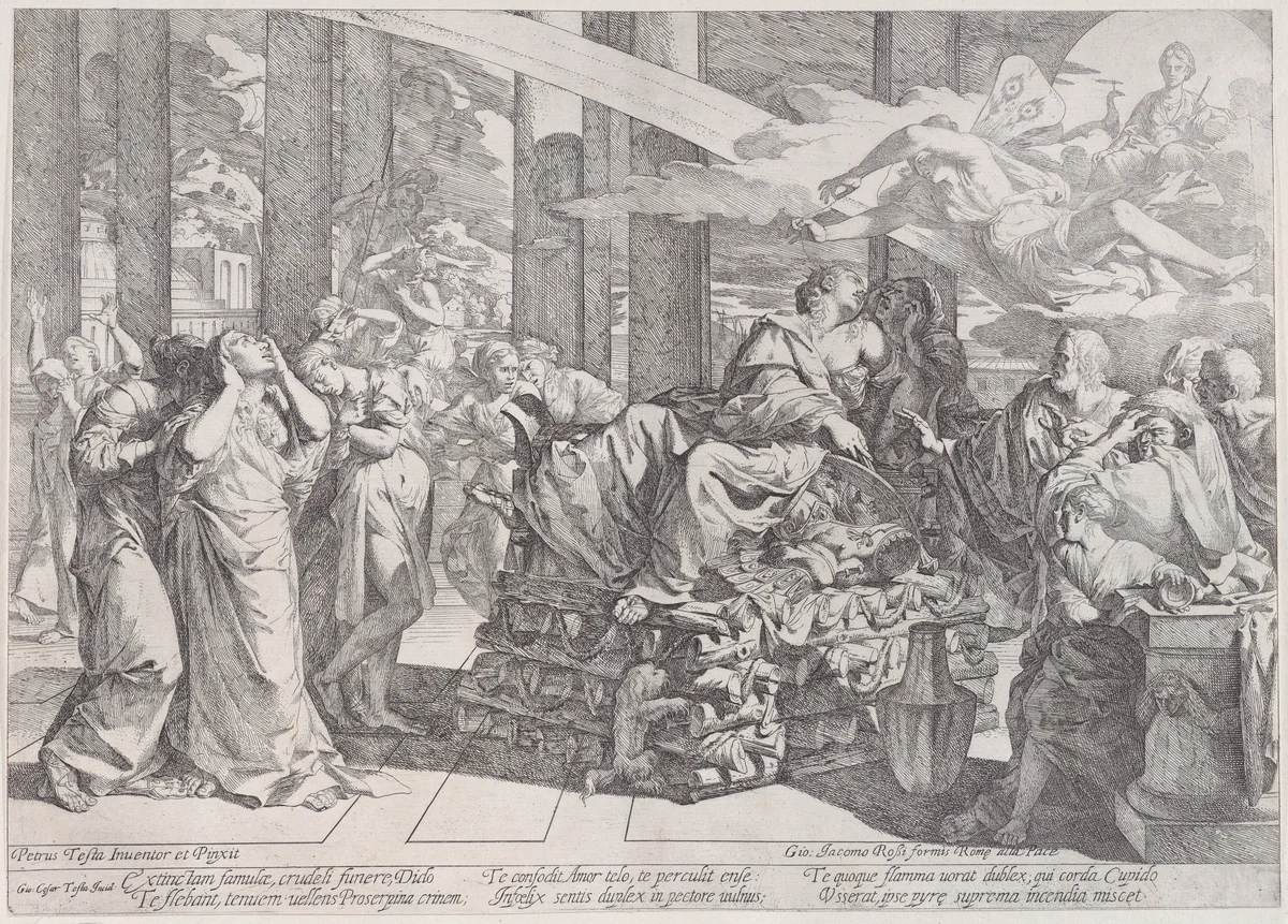 The suicide of Dido who reclines on a pyre in centre, surrounded by many figures by Giovanni Cesare Testa, print, 1650-1700