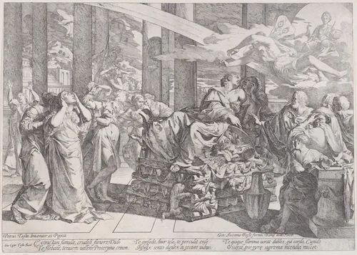 The suicide of Dido who reclines on a pyre in centre, surrounded by many figures by Giovanni Cesare Testa, print, 1650-1700