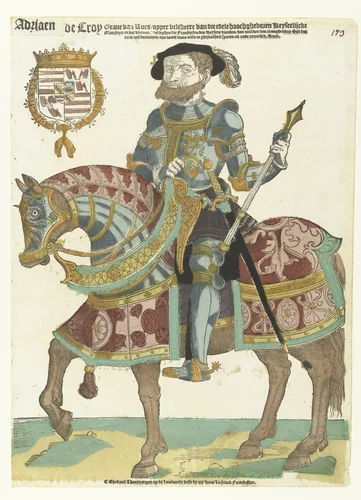 Portret van Adriaen de Croy te paard by Hans Liefrinck, print, 1539-1553