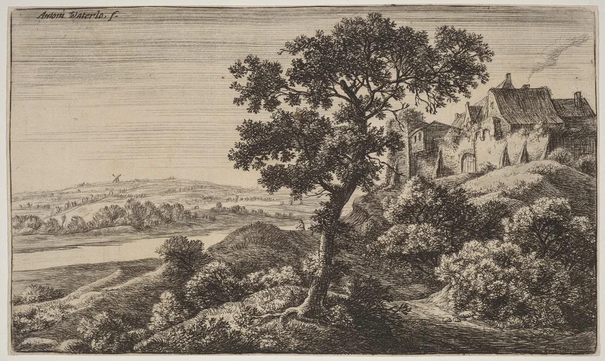 A Village on a Hill by Anthonie Waterloo, print, 1609-1690