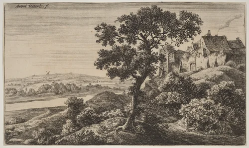 A Village on a Hill by Anthonie Waterloo, print, 1609-1690