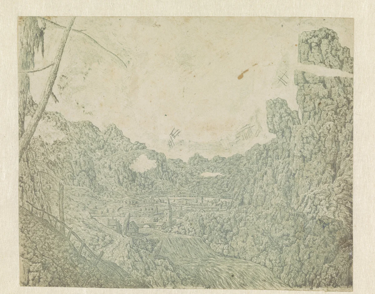 Landscape with a Waterfall, Second Version by Hercules Segers, print, 1625-1627