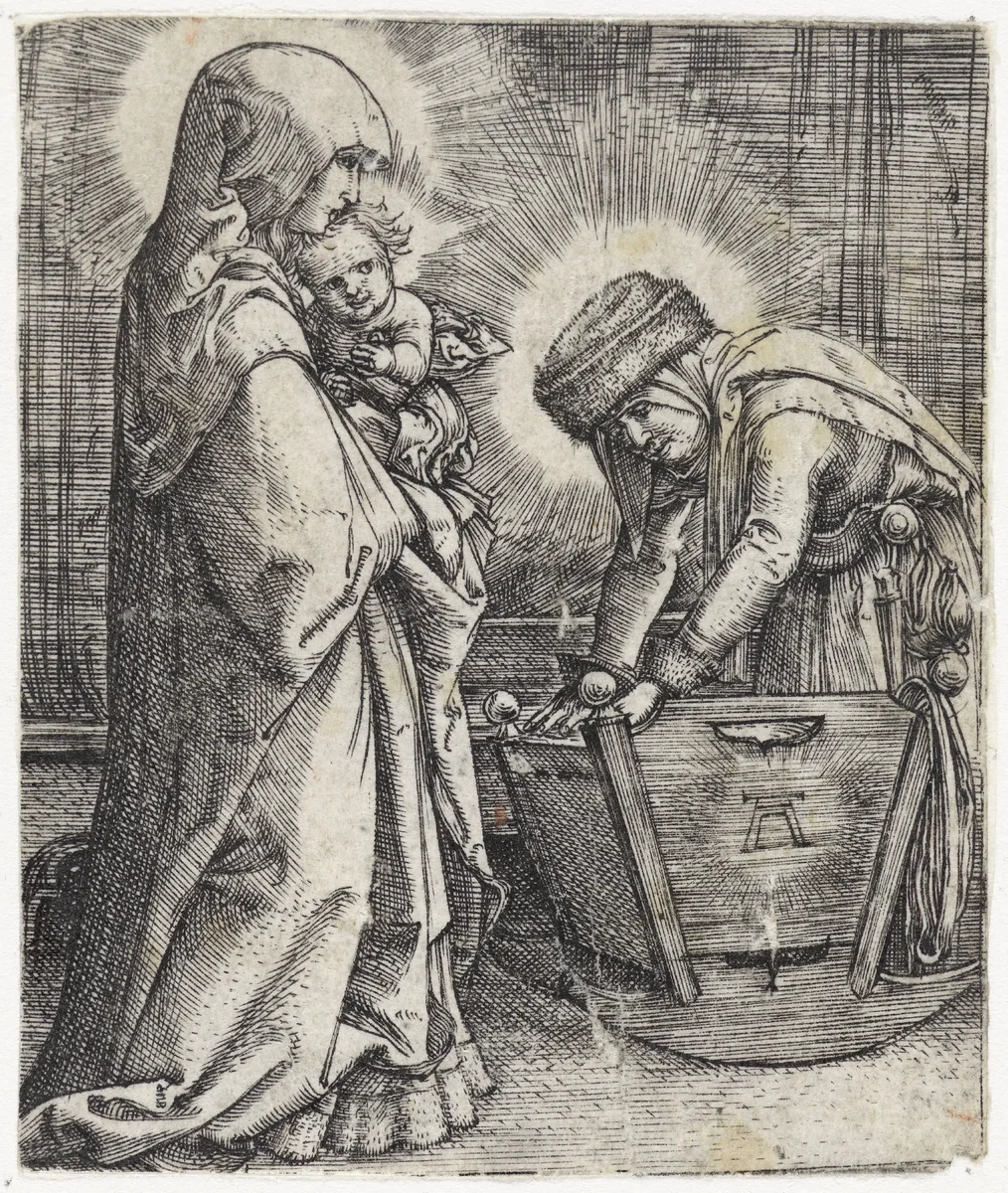 Maria met het Christuskind en Anna bij een wieg by Unknown, print, 1506-1538