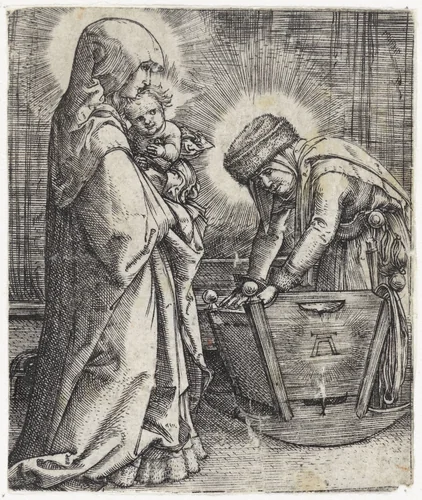 Maria met het Christuskind en Anna bij een wieg by Unknown, print, 1506-1538