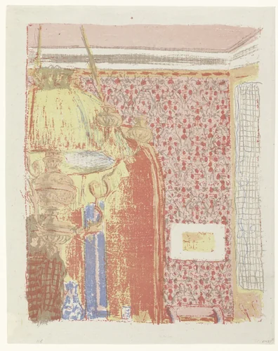 Interieur met roze behang en lamp by Édouard Vuillard, print, 1894-1899