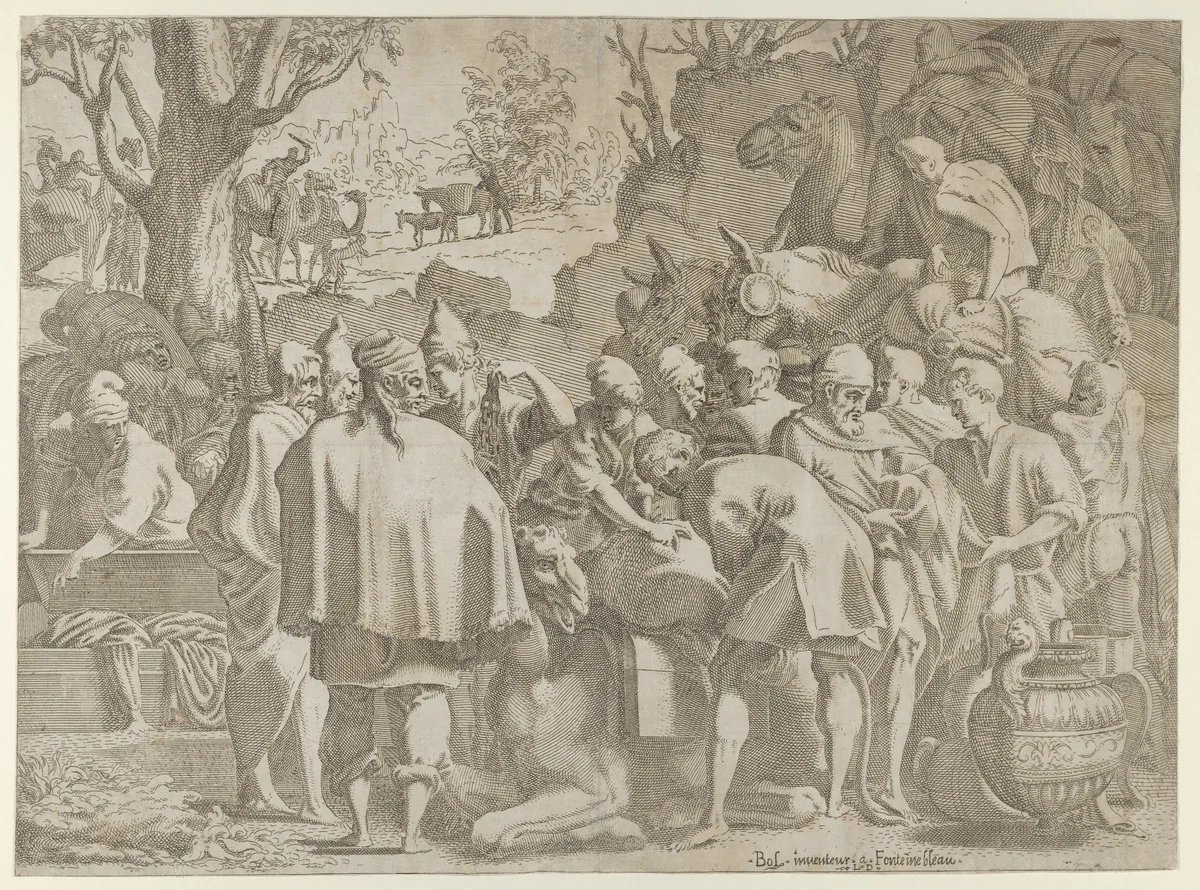 Search through the baggage of Joseph's brothers by Léon Davent, print, 1535-1561