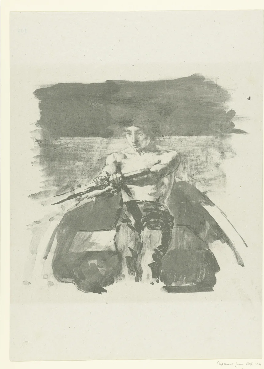 Jongen roeit in roeiboot by Alexandre Lunois, print, 1895