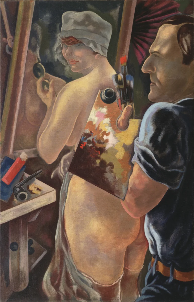 Self-Portrait with a Model by George Grosz, painting, 1928