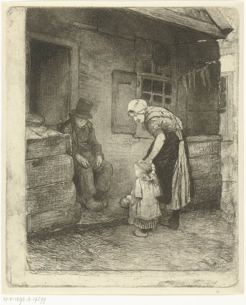 Vrouw met klein kind staat bij zittende oude man voor  arbeiderswoning by Bernardus Johannes Blommers, print, 1855-1892