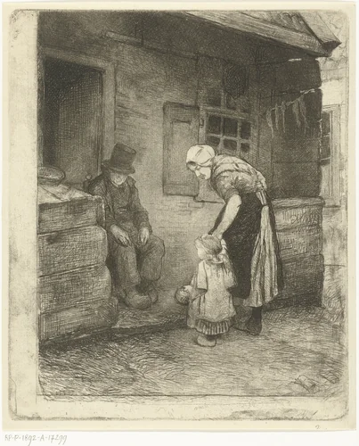 Vrouw met klein kind staat bij zittende oude man voor  arbeiderswoning by Bernardus Johannes Blommers, print, 1855-1892