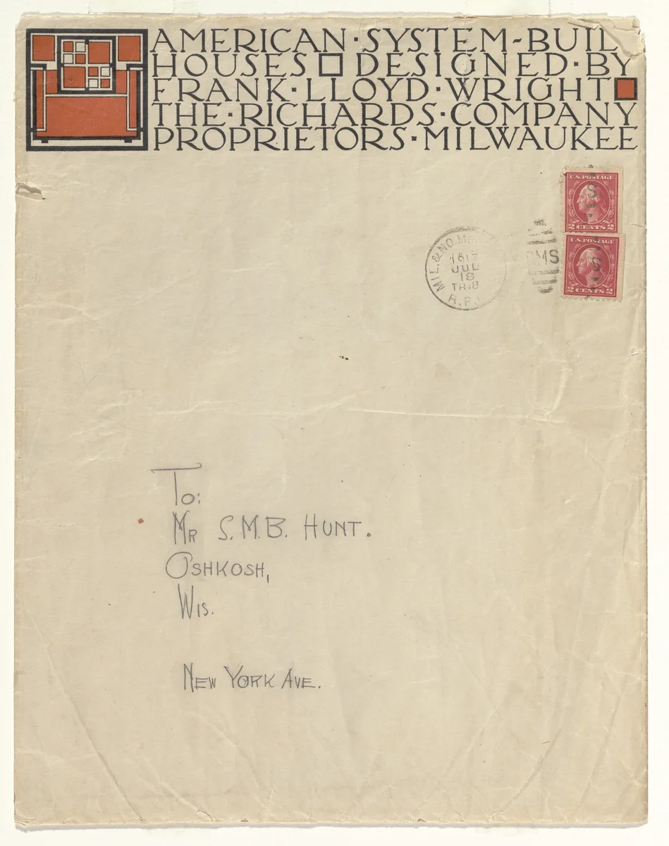 American System-Built Houses for The Richards Company project, Milwaukee, Wisconsin (Envelope) by Frank Lloyd Wright, architecture, 1915