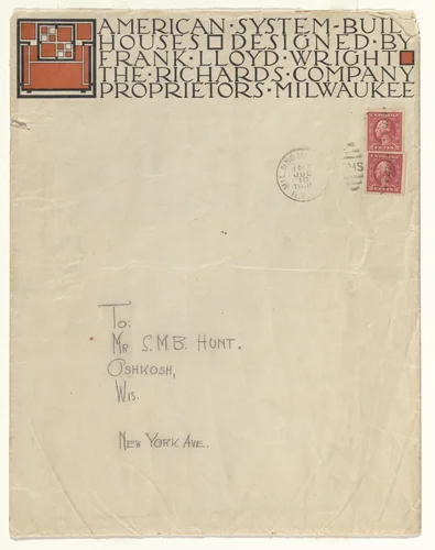 American System-Built Houses for The Richards Company project, Milwaukee, Wisconsin (Envelope) by Frank Lloyd Wright, architecture, 1915