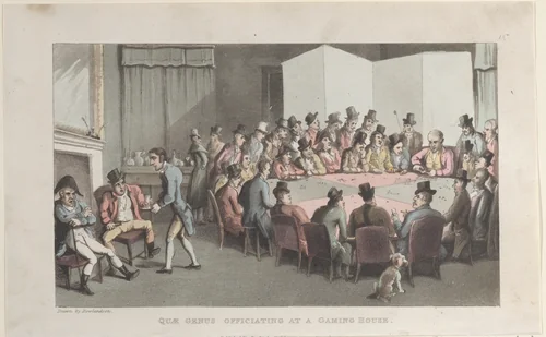 Quae Genus Officiating at a Gaming House by Thomas Rowlandson, print, 1821