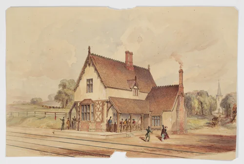 Victorian Rural Train Station and Railroad Crossing by John Connell Ogle, drawing, 1844-1877