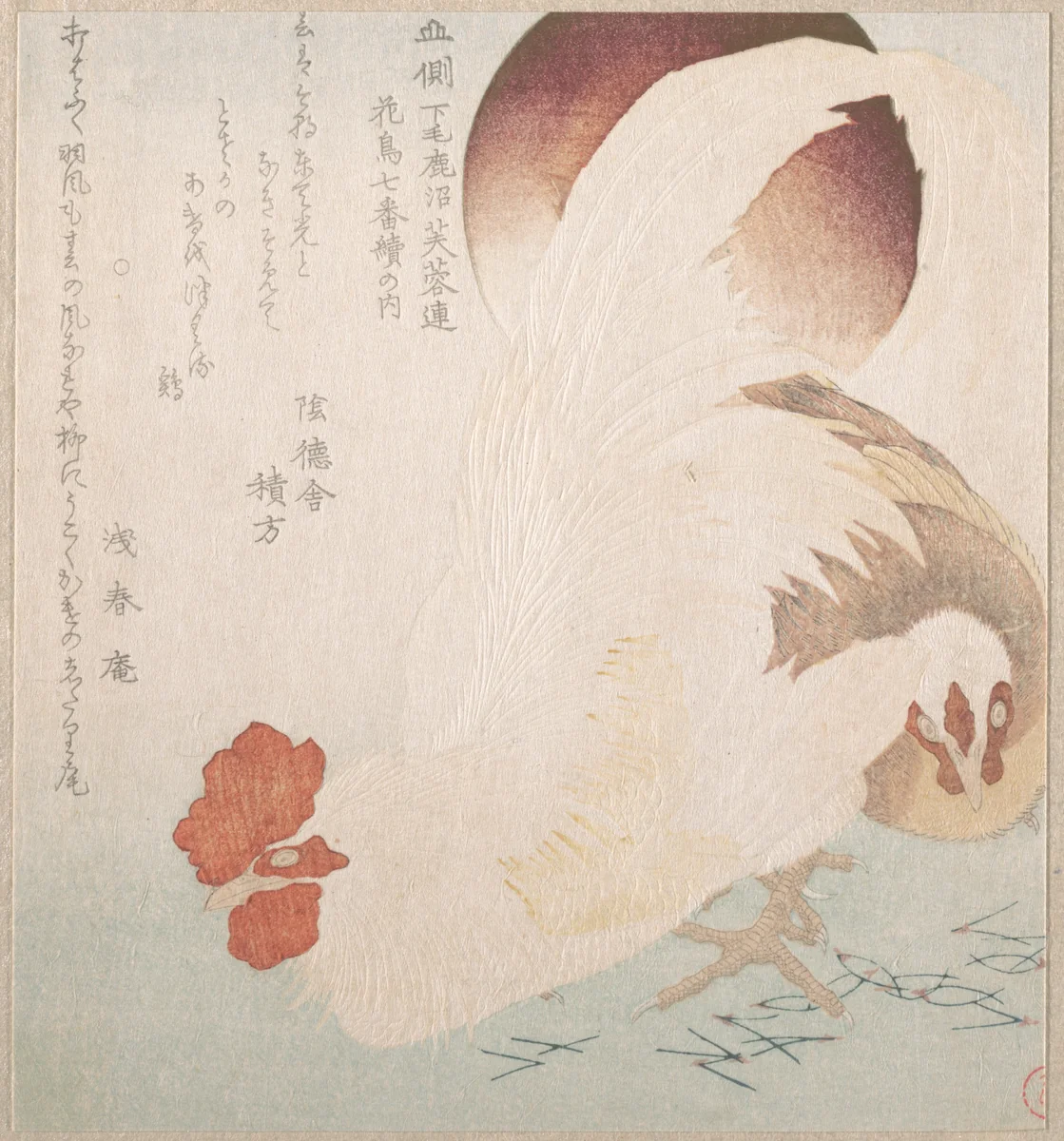 Rising Sun and Cock and Hen by Totoya Hokkei (魚屋北渓), print, 1790-1810
