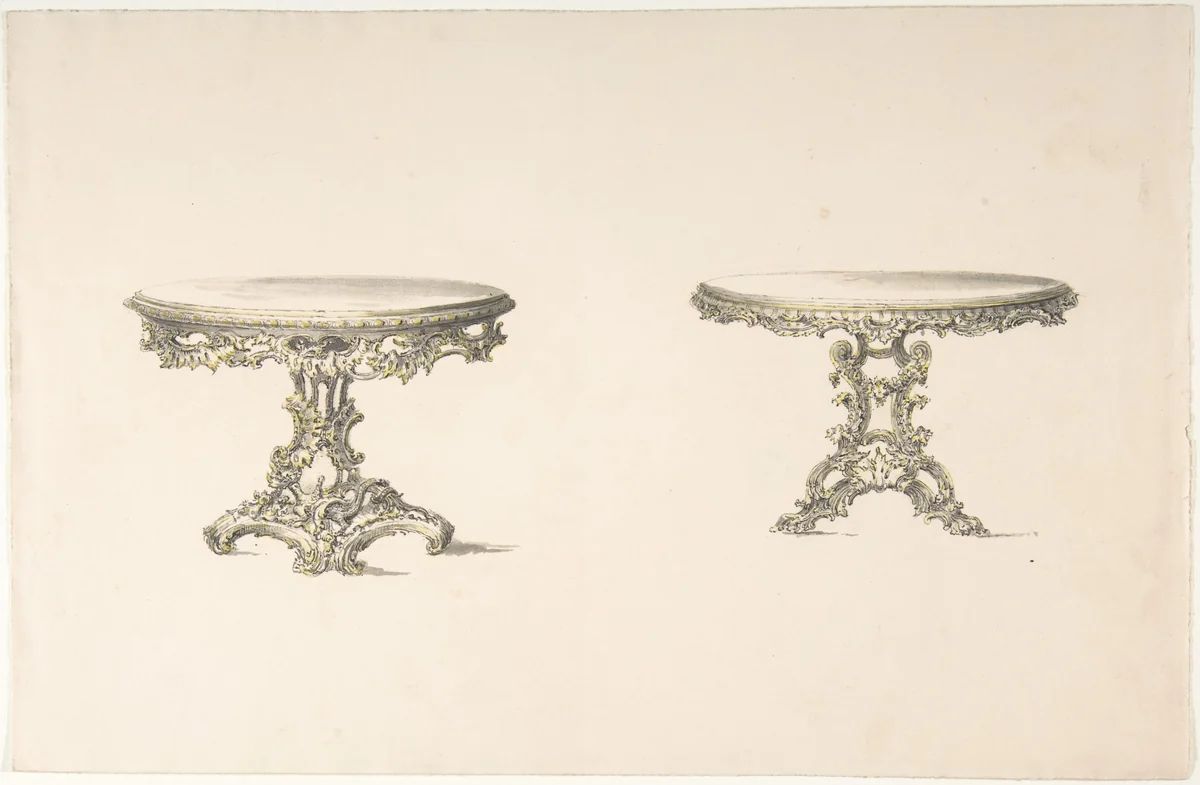 Design for Two Round Tables with Foliate Rococo Style Carving by anonymous, drawing, 1800-1850