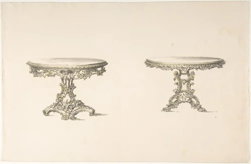 Design for Two Round Tables with Foliate Rococo Style Carving by anonymous, drawing, 1800-1850