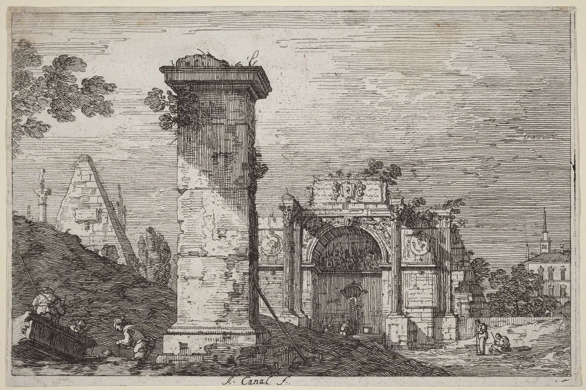 Landscape with Ruined Monuments by Canaletto, print, 1735-1746