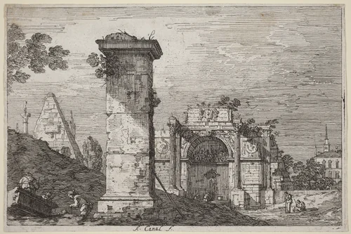 Landscape with Ruined Monuments by Canaletto, print, 1735-1746