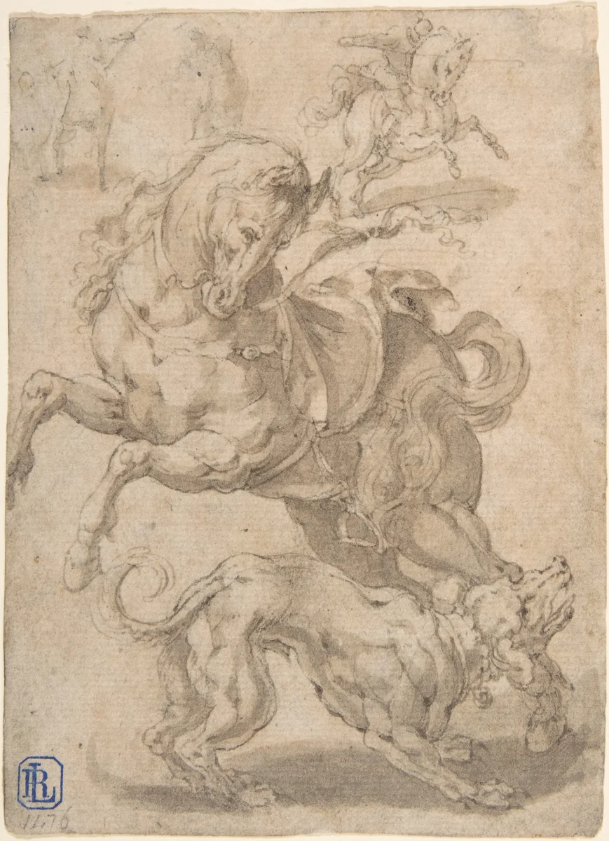 Horses and Dog by anonymous, drawing, 1600-1700