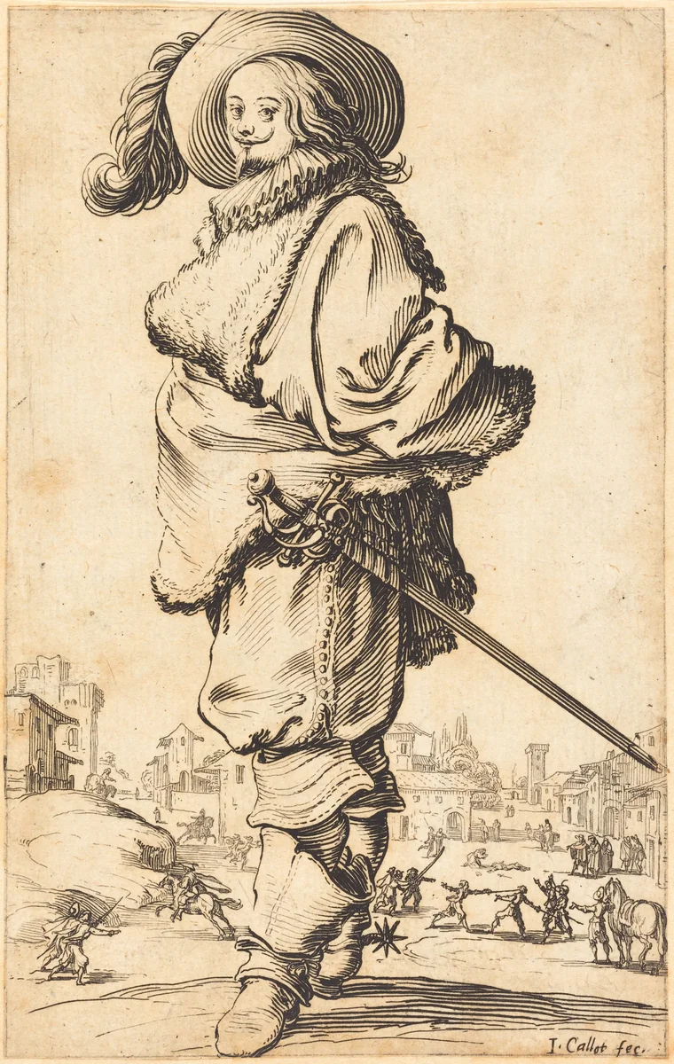Noble Man with Fur Plastron by Jacques Callot, print, 1620-1623