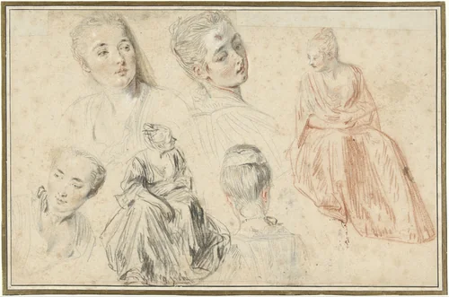 Four Studies of a Woman's Head and Two of a Seated Woman by Jean-Antoine Watteau, drawing, 1705-1721