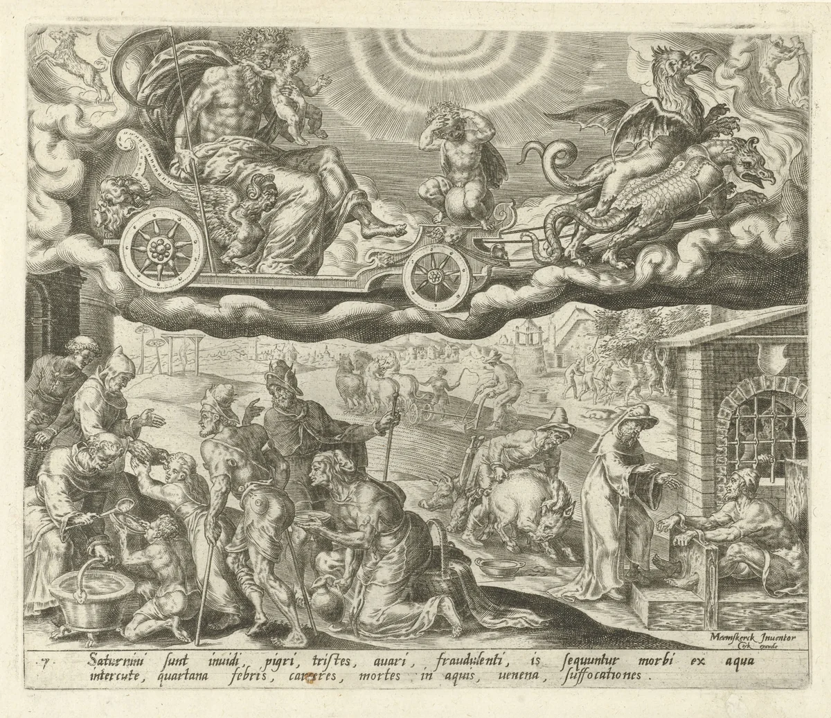 De planeet Saturnus en zijn kinderen by Harmen Jansz Muller, print, 1566-1570