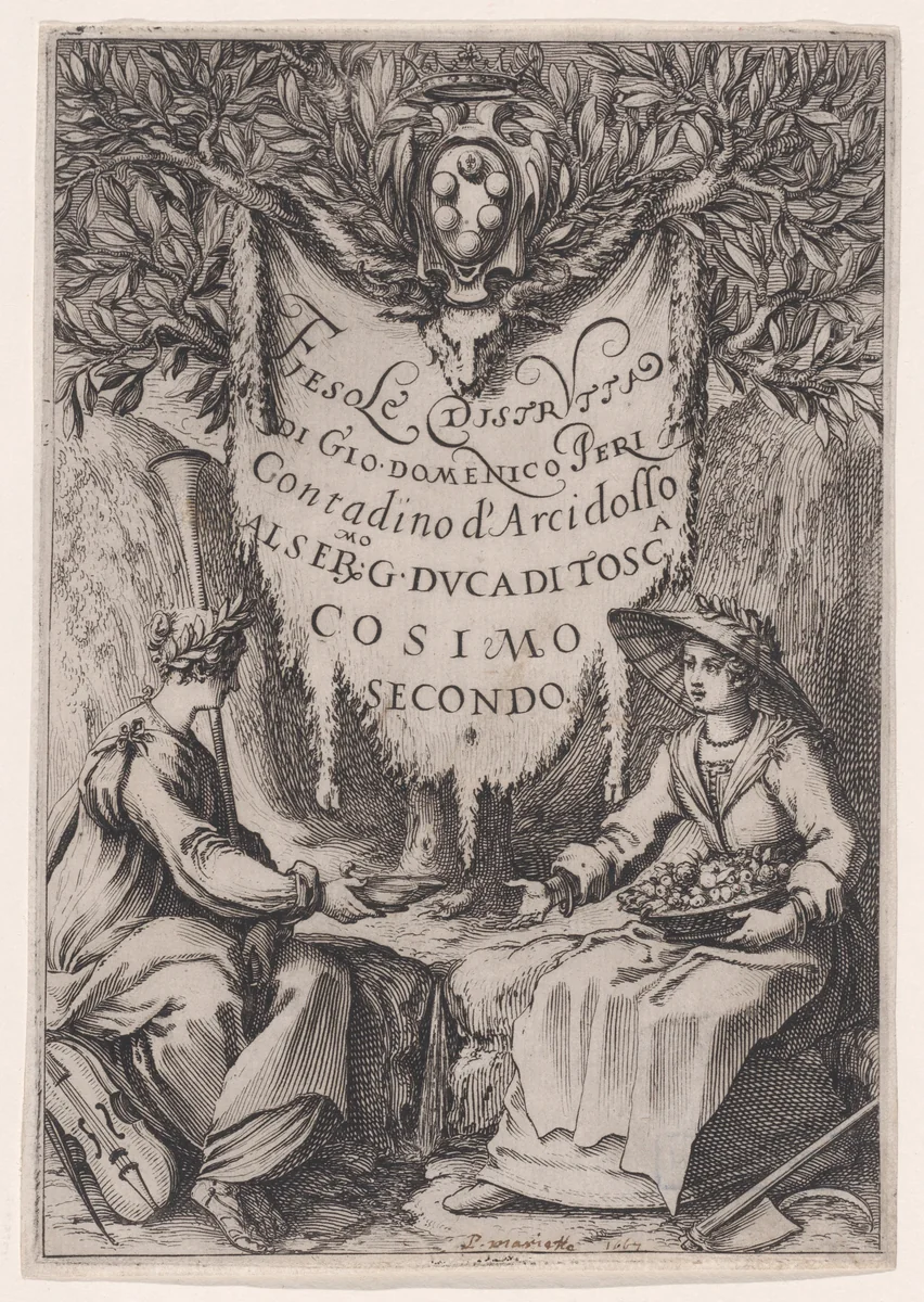 Frontispiece of Fiesole Distrutta, also called La Belle Jardinière, or Poésie et L'Agriculture, or Catakasta by Jacques Callot, print, 1619