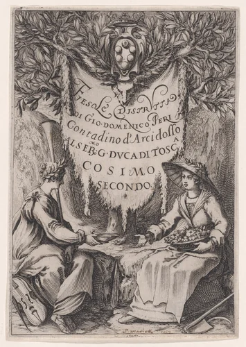 Frontispiece of Fiesole Distrutta, also called La Belle Jardinière, or Poésie et L'Agriculture, or Catakasta by Jacques Callot, print, 1619