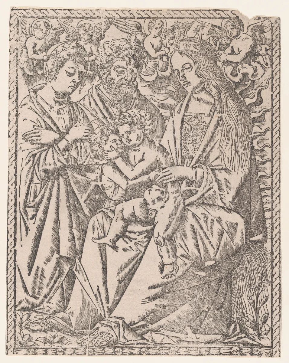 Saint John the Baptist embracing the Christ Child who sits on the Virgin's knee, she is being crowned by angels, other saints at left by anonymous, print, 1495-1505