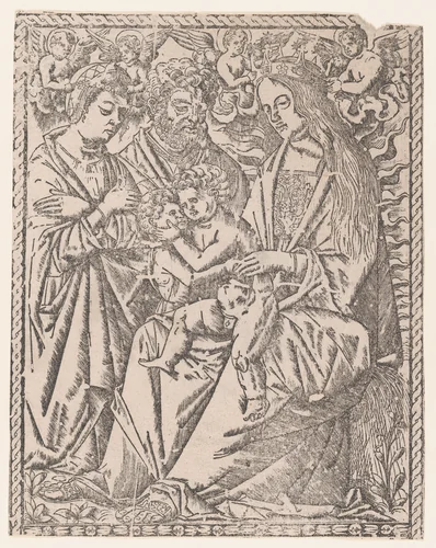 Saint John the Baptist embracing the Christ Child who sits on the Virgin's knee, she is being crowned by angels, other saints at left by anonymous, print, 1495-1505