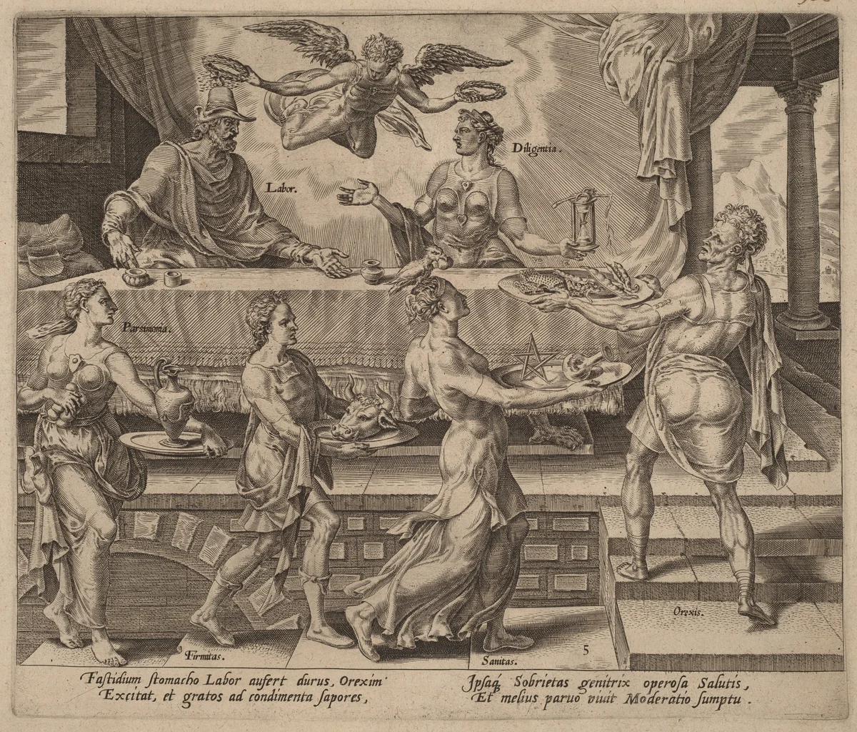 Labor and Diligence Enjoying their Simple Meal by Philip Galle, print, 1572