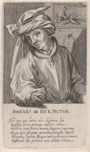 Portret van Jan van Eyck by Hendrick Hondius, print, 1610