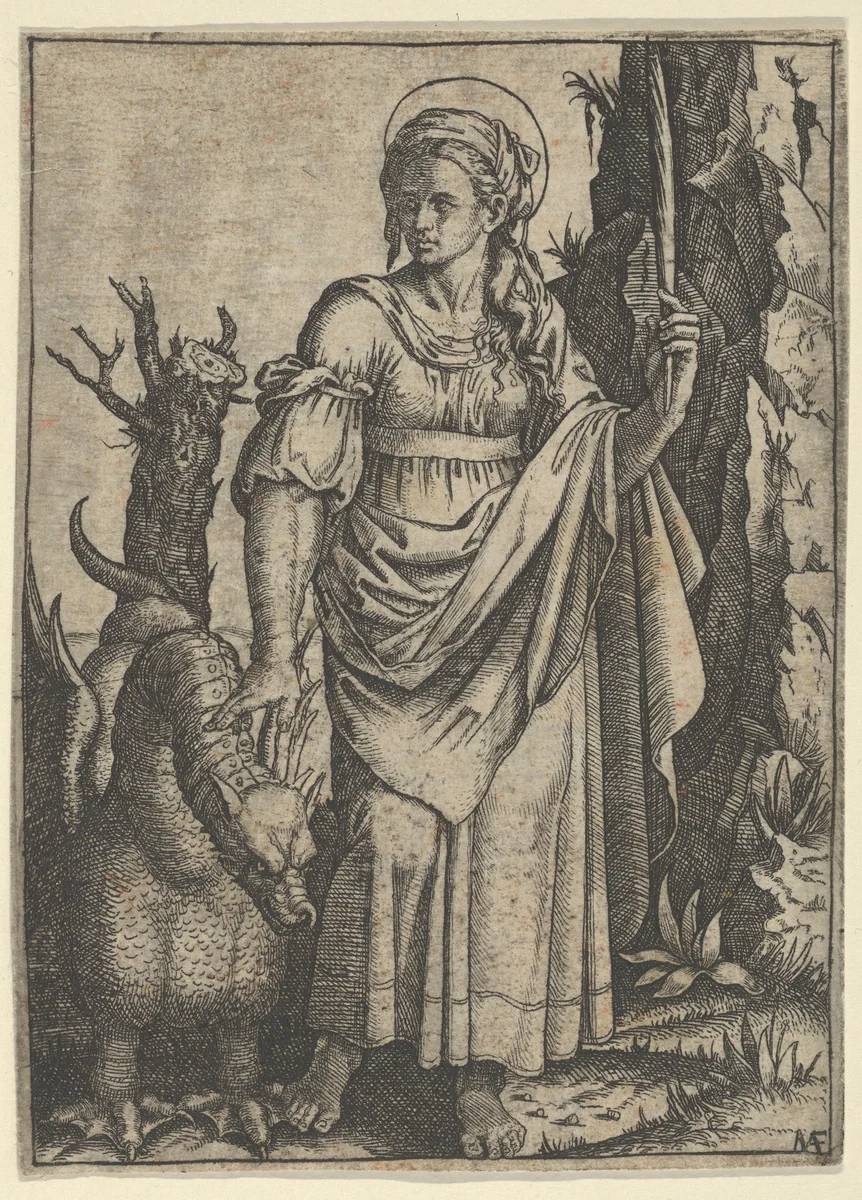 St Margaret holding a palm in her raised left hand, a dragon at her right by Marcantonio Raimondi, print, 1495-1505
