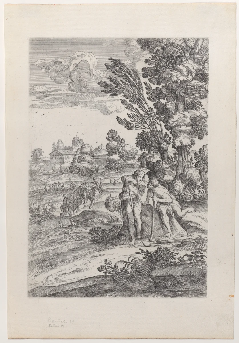 Landscape With Two Goatherds by Giovanni Francesco Grimaldi, print, 1626-1680